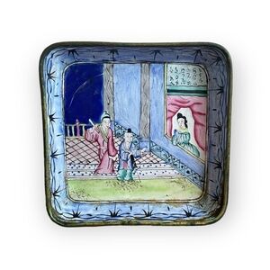 Antique Canton Enamel On Copper Plate Hand-painted Mini Square Tray